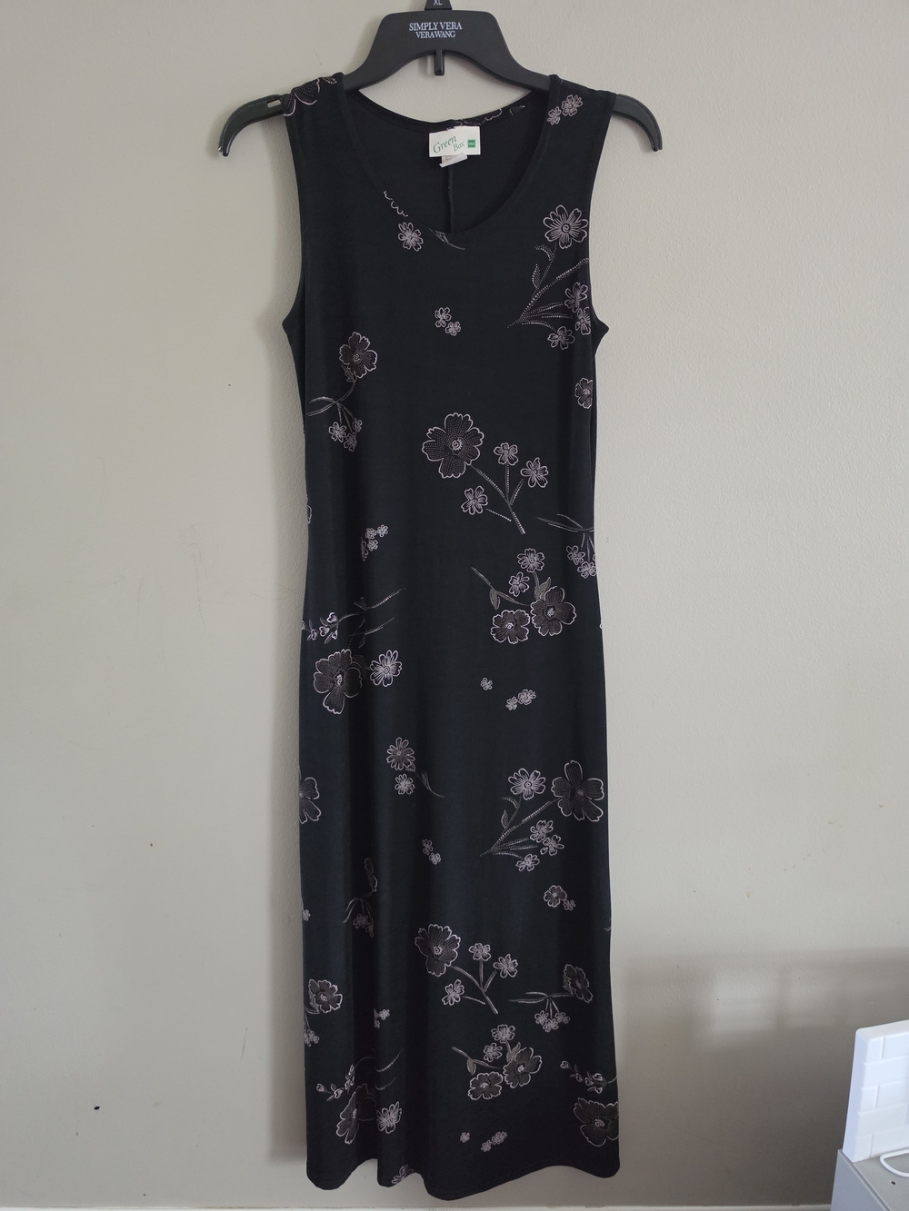 Vintage Green Box USA Black Floral Sleeveless Midi Dress Large Made in USA 90s